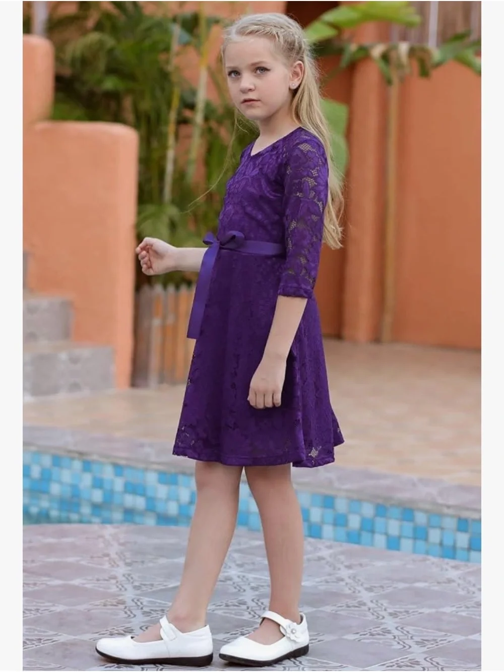 Girls Purple Lace Party Dress with Ribbon Belt